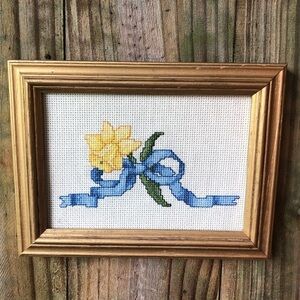 Framed Completed Cross Stitch Daffodil Flower Blue Ribbon Bow on Stem
